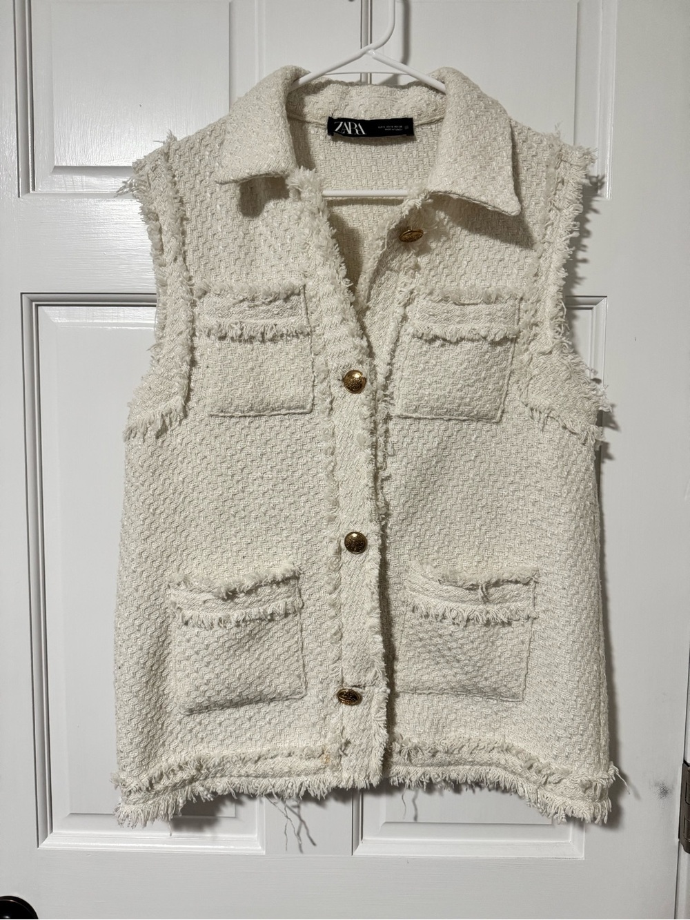 ZARA cream tweed vest with buttons and distressed detail size small